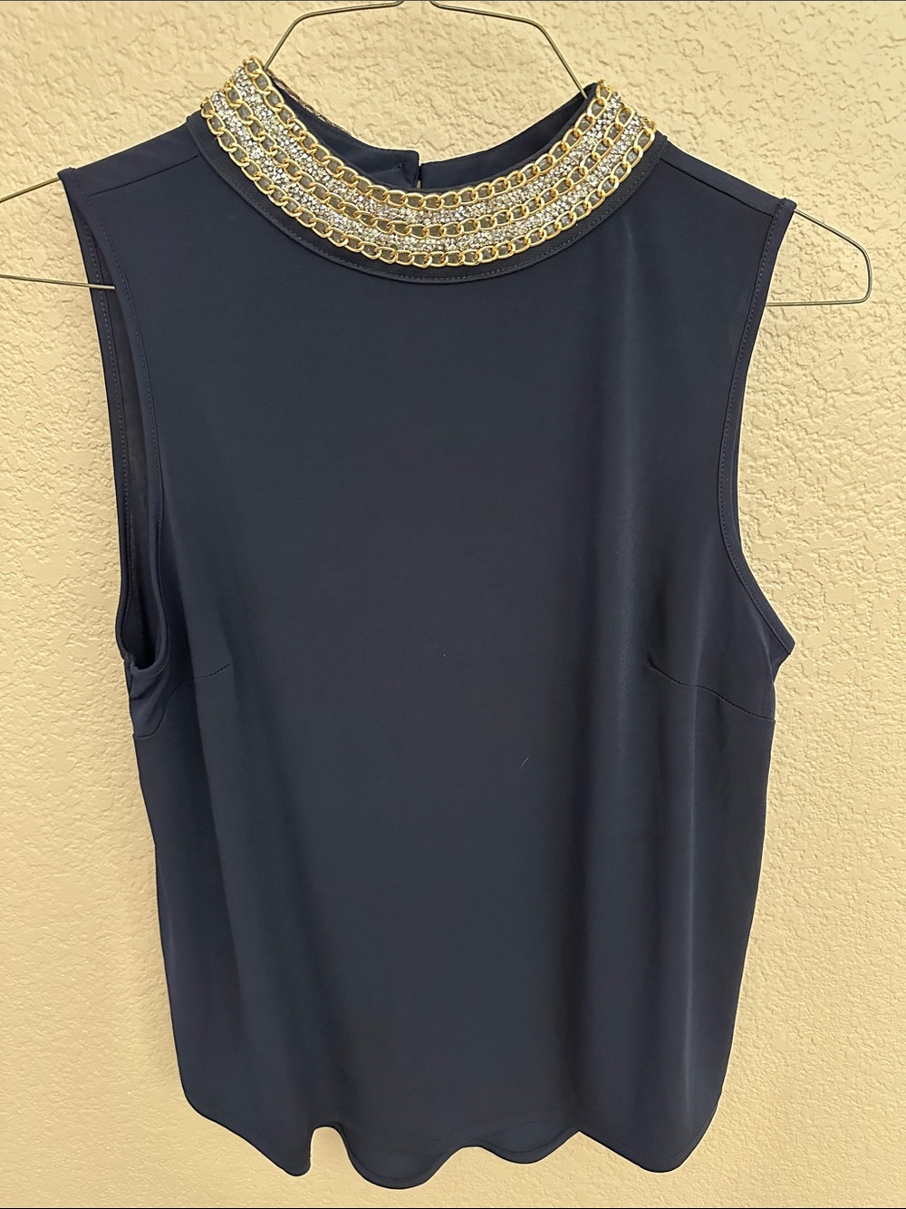 Embellished Mock Neck Sleeveless Top - Navy with Gold Detail